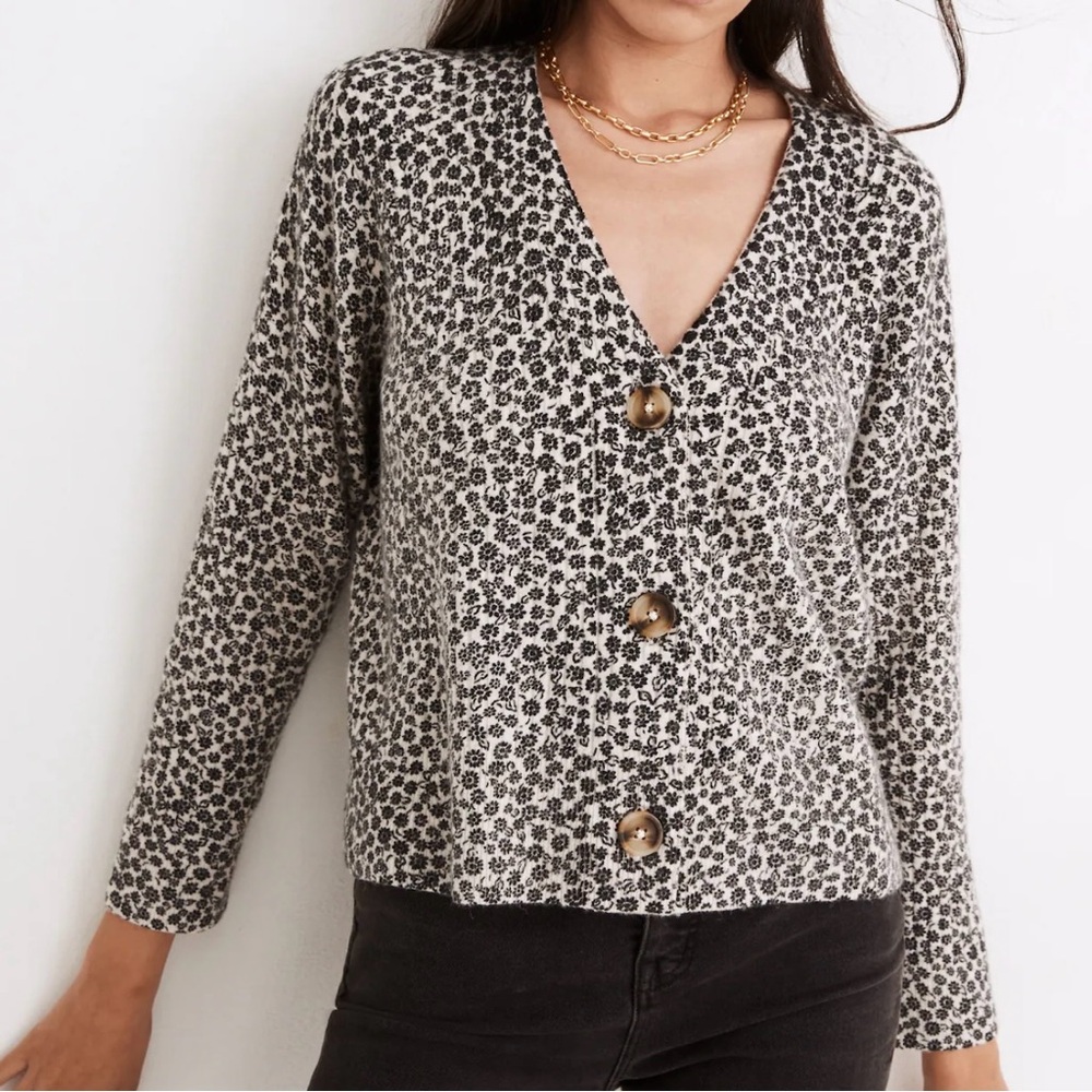 MADEWELL Ditsy Cameron Ribbed Black Cream Floral V-Neck Cardigan Sweater S